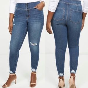 Lane Bryant High Rise Jeggings Magic Waistband 3 Button Distressed Blue Size 28